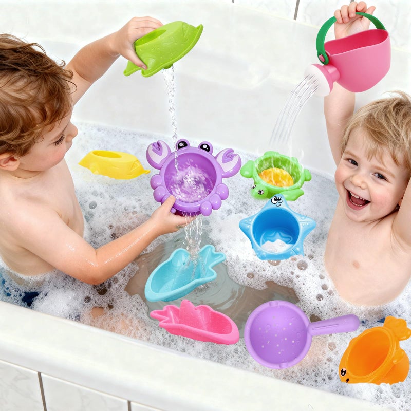 Babelshar 10 Pcs Bath Toys for Kids Ages 1-3, Bathtub & Pool Water Toys for Toddlers 1-3 & Babies 12-18 Months, Water Table Accessories with Floating Boats, Stacking Cups & Pouring Fun for Boys Girls - Image 3